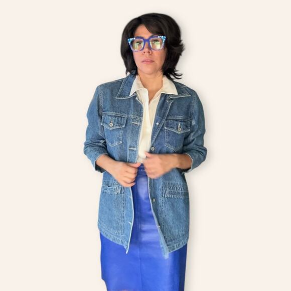 Vintage Bill Blass Denim Chore Coat Jacket Workwear 90s Utility Medium - Picture 5 of 7